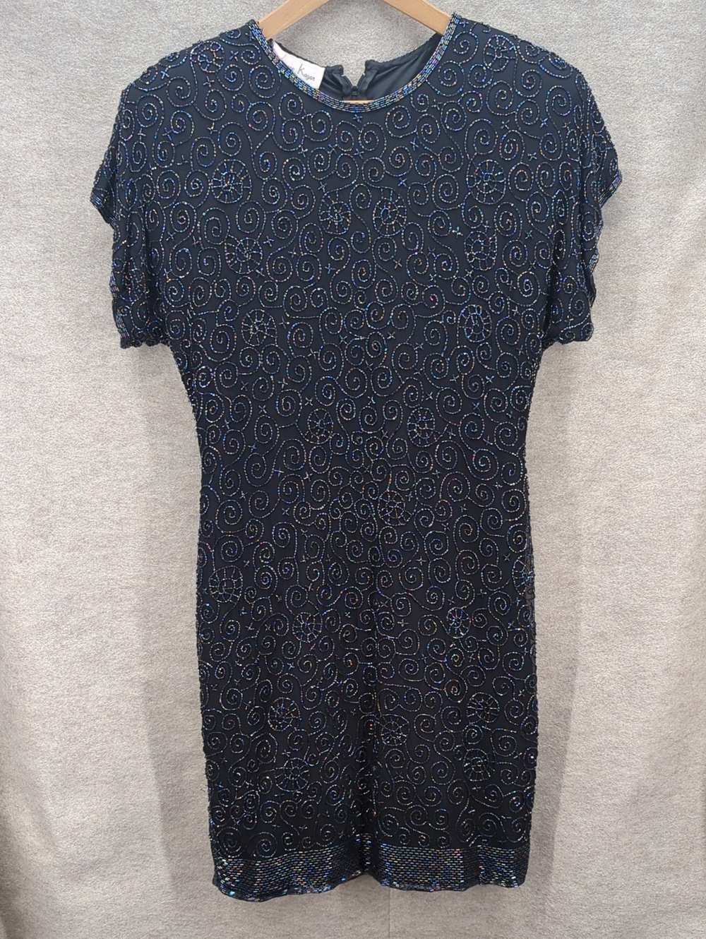 Laurence Kazar Silk Sequin Beaded Dress Midi Cocktail Black Sz M Intricate Chic